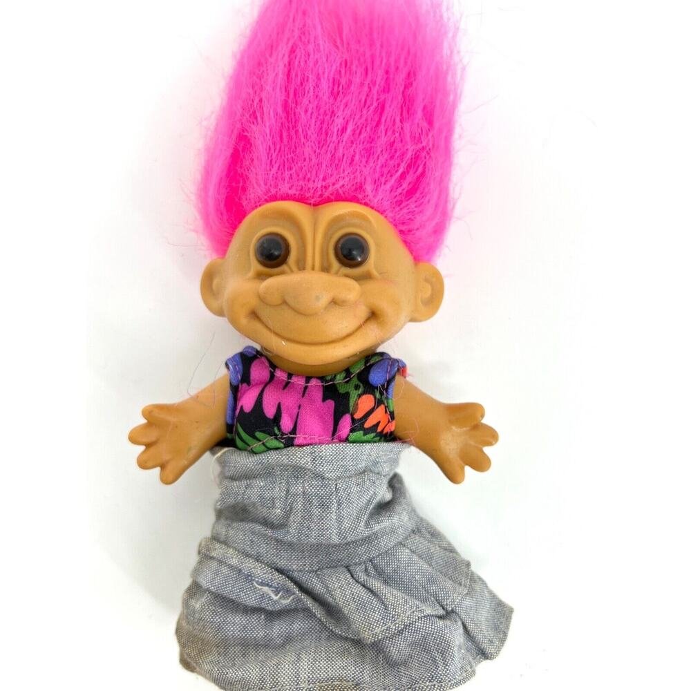 Vintage Russ Lucky Troll Doll with Clothes Pink Hair Brown Eyes